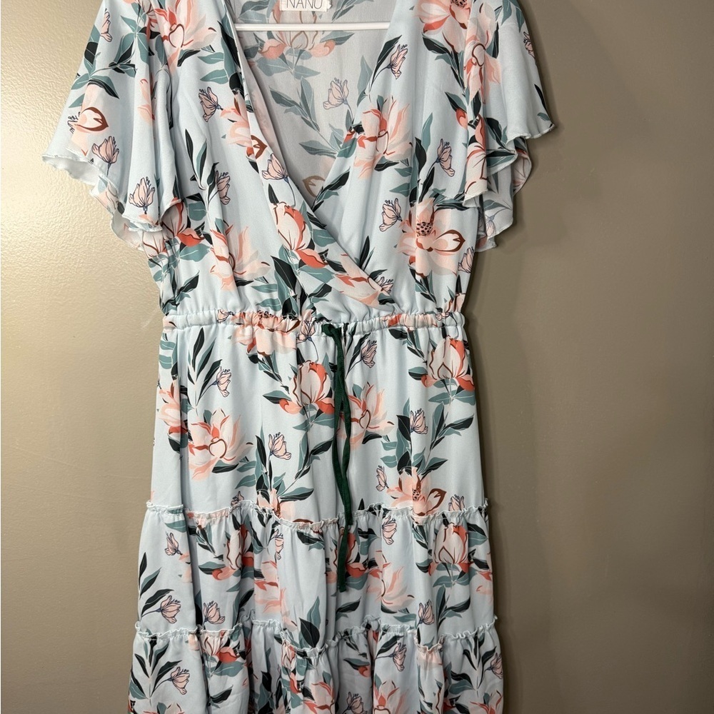 NANU Pink and Green Wrap Sundress with Flutter Sleeves